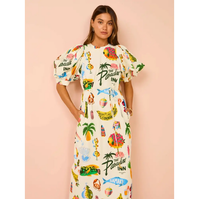 Alemais Samaki Puff Sleeve Midi Dress In Multi - 10 / Print - Dresses