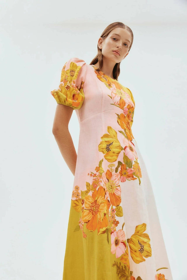 Alemais Silas Midi Dress Size 10 Floral Gold Green Pink - 10 / Floral - Dresses