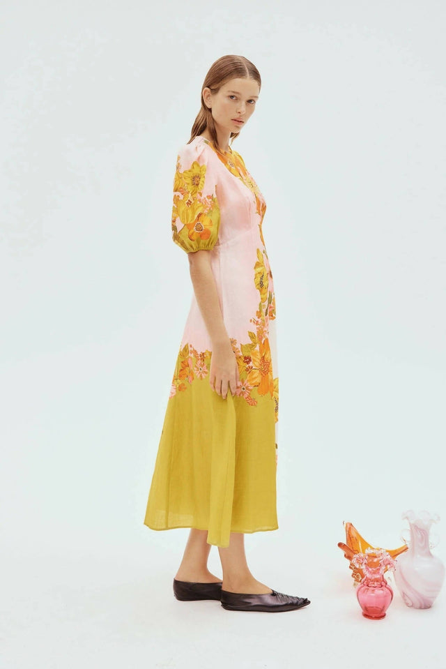 Alemais Silas Midi Dress Size 10 Floral Gold Green Pink - 10 / Floral - Dresses