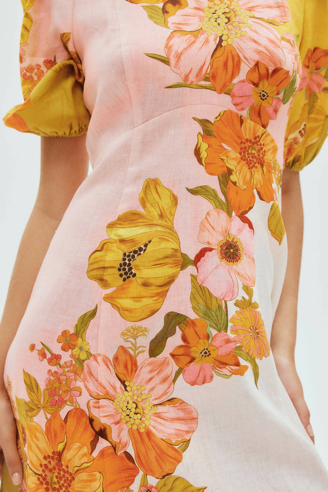 Alemais Silas Midi Dress Size 10 Floral Gold Green Pink - 10 / Floral - Dresses