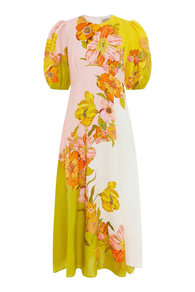 Alemais Silas Midi Dress Size 10 Floral Gold Green Pink - 10 / Floral - Dresses