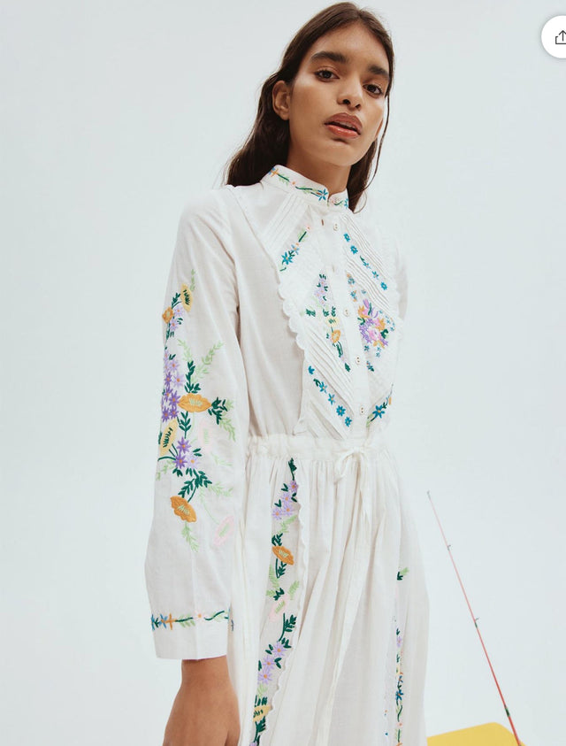 Alemais Willa Embroidered Midi Shirt Dress White Floral Size 16