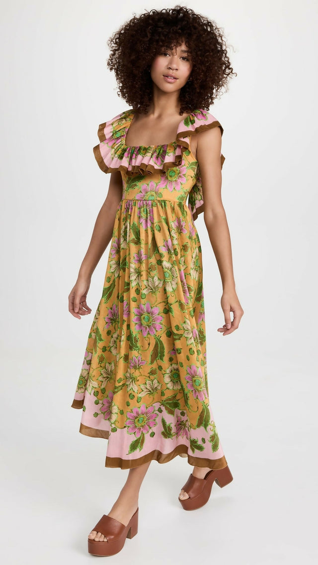 Alemais Winnie Ruffle Neck Midi Dress - 12 / Multi - Dresses