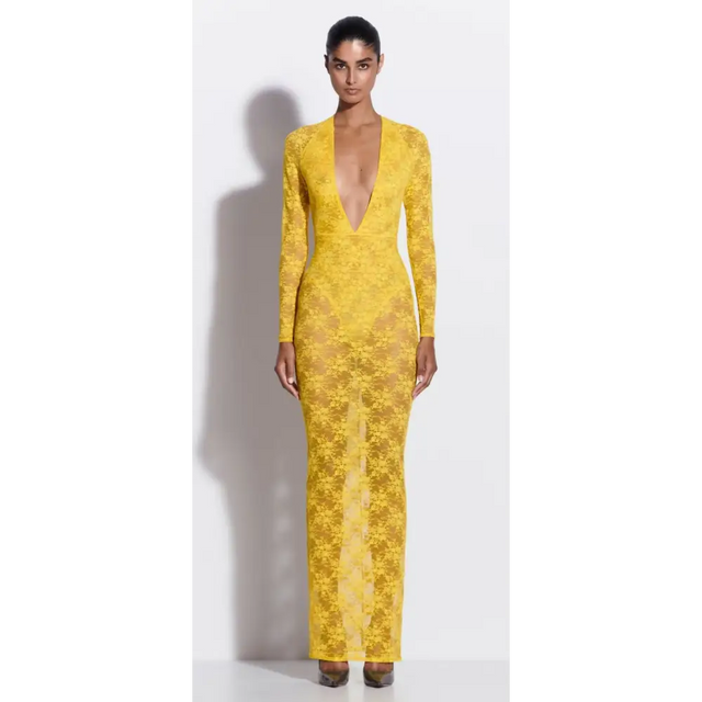 Alex Perry Long Sleeve Halter Column in Lace in Yellow - Dresses