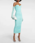 Alex Perry Prescott Ruched Midi Dress With Gloves Sleeves Sky Blue Size 8 - 8 / Blue - Dresses