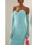Alex Perry Prescott Ruched Midi Dress With Gloves Sleeves Sky Blue Size 8 - 8 / Blue - Dresses