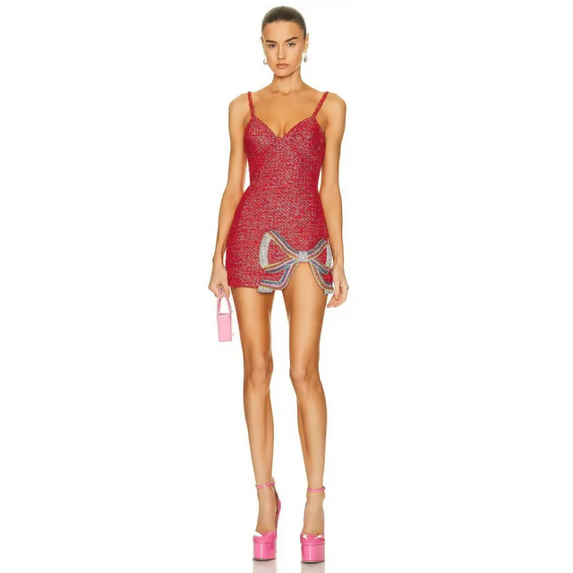 AREA Crystal Bow Mini Dress - 6 / Red - Dresses