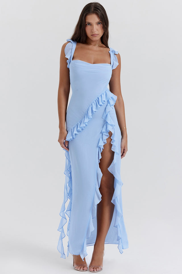 House of CB Ariela Soft Blue Ruffle Maxi Dress