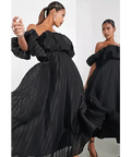 ASOS Puff Off Shoulder Midi Dress in Black - 10 / Black - Dresses