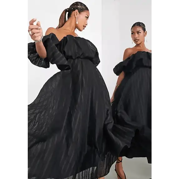 ASOS Puff Off Shoulder Midi Dress in Black - 10 / Black - Dresses