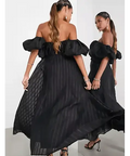 ASOS Puff Off Shoulder Midi Dress in Black - 10 / Black - Dresses
