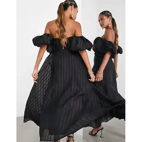 ASOS Puff Off Shoulder Midi Dress in Black - 10 / Black - Dresses