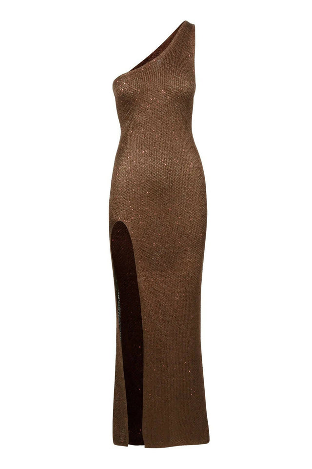 slim fit dress slacks Asta Resort Sofia Split Sequin Midi Dress in Chocolate