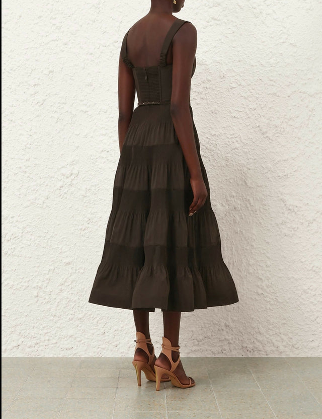 Zimmermann Pleated Draped Midi Dress in Olive