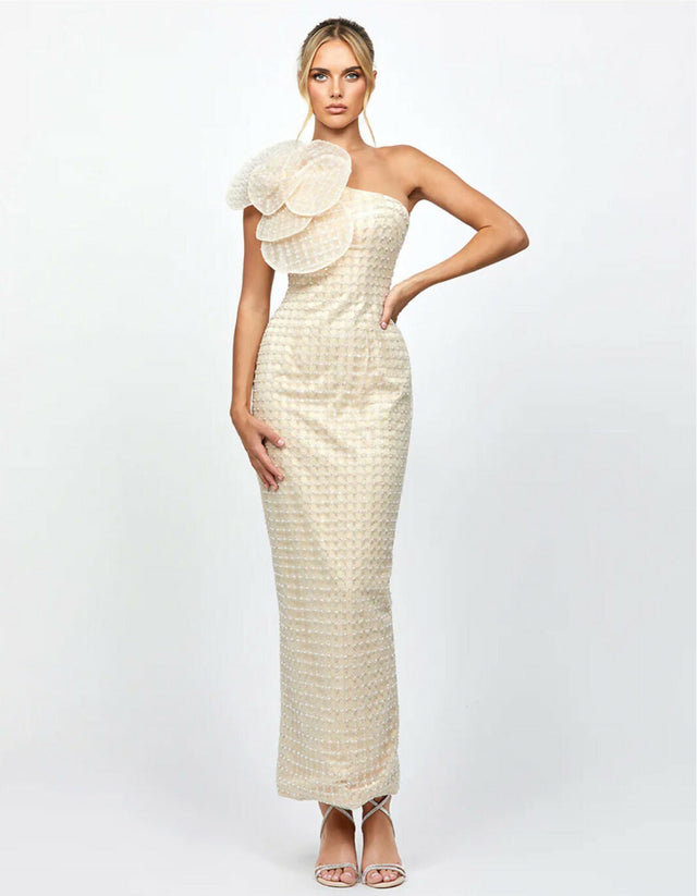 Bariano Dalylah One Shoulder Statement Midaxi Champagne Beige Pearl size 12 - Dress