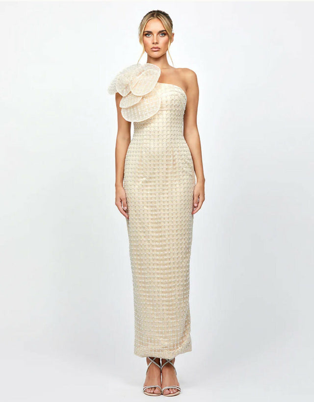 Bariano Dalylah One Shoulder Statement Midaxi Champagne Beige Pearl size 12 - Dress