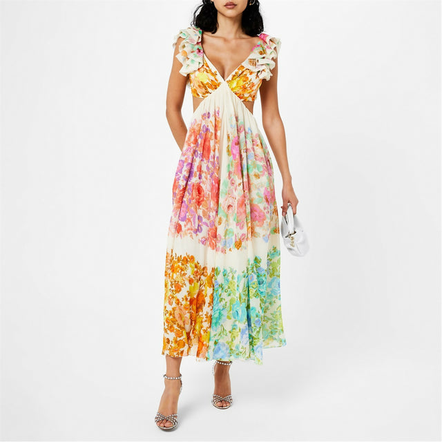 Zimmermann Raie Frill Shoulder Midi Dress Multi Floral Size 3