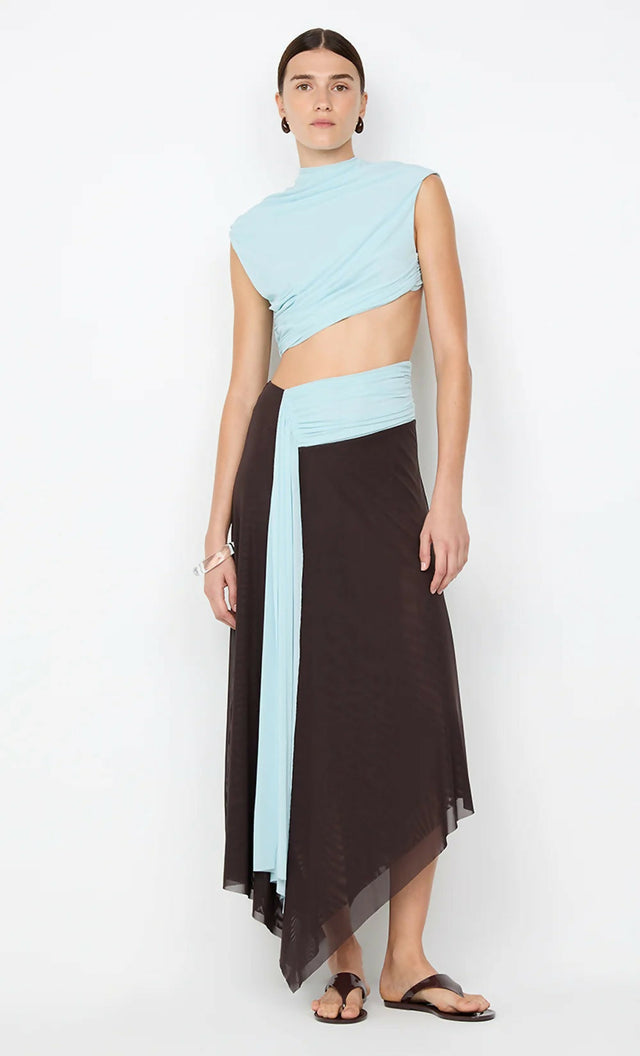 Bec & Bridge Conni Asym Midi Dress in Arctic Blue and Dark Chocolate - Dresses