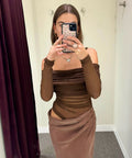 BENNI Yasmin Off Shoulder Dress in Chocolate - 8 / Brown - Dresses