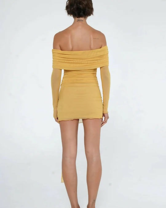 mustard dress off shoulder Benni Yasmin Off-Shoulder Mini Dress Mustard