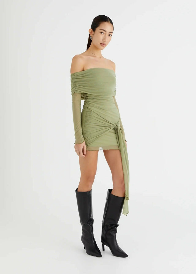 Benni Yasmin Off-Shoulder Mini Dress Pistachio Size 8,10 - 10 / Green - Dresses