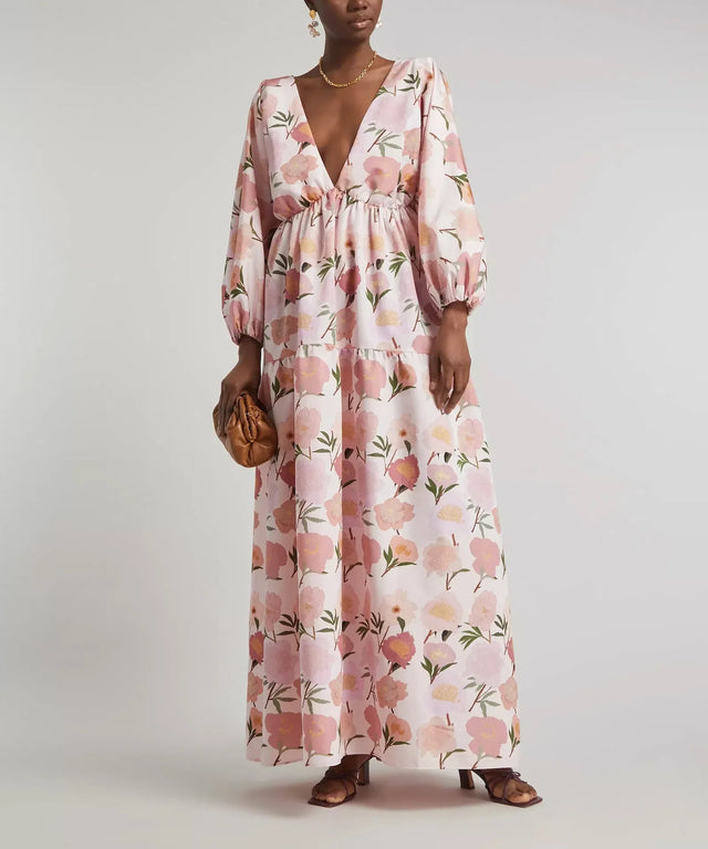 strapless open back dress Bernadette Matthieu Maxi Dress Peony Floral Print Size 12