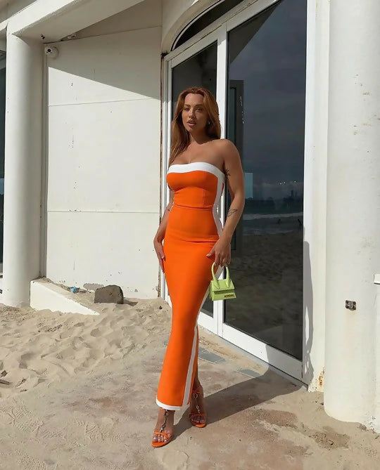 Bianca & Bridgett Ashley Gown in Orange White - 8 / Orange - Dresses