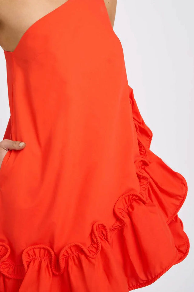 By Johnny Rope Frill Asymmetrical Mini in Hyper Red Size AU 6
