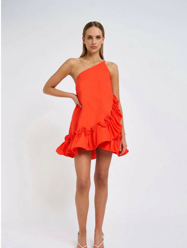 By Johnny Rope Frill Asymmetrical Mini in Hyper Red Size AU 6