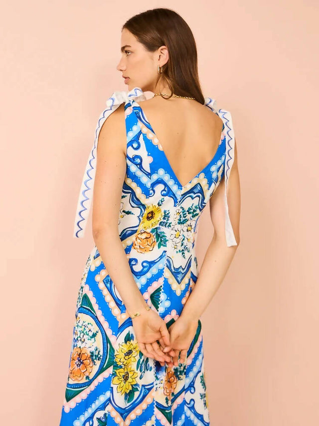 By Nicola Adoncia Tie Shoulder Maxi Dress In Azure Floral Size 10 - 10 / Print - Dresses