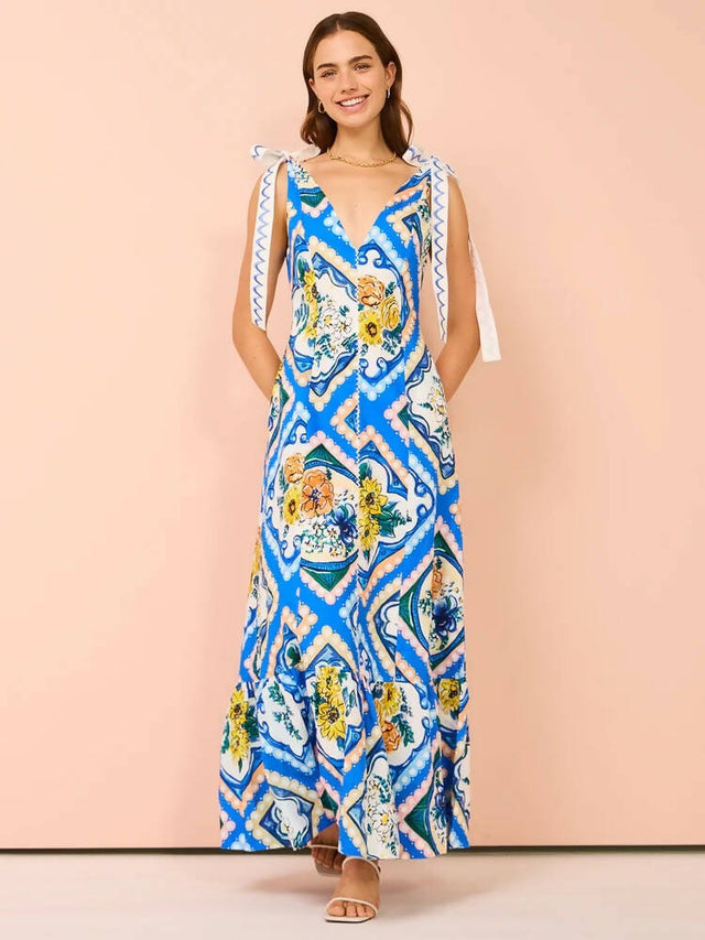 By Nicola Adoncia Tie Shoulder Maxi Dress In Azure Floral Size 10 - 10 / Print - Dresses