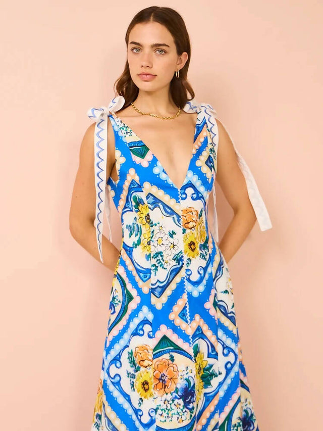 By Nicola Adoncia Tie Shoulder Maxi Dress In Azure Floral Size 10 - 10 / Print - Dresses
