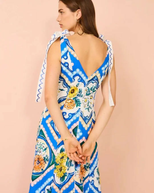 By Nicola Adoncia Tie Shoulder Maxi Dress in Azure Floral - 10 / Multi - Dresses
