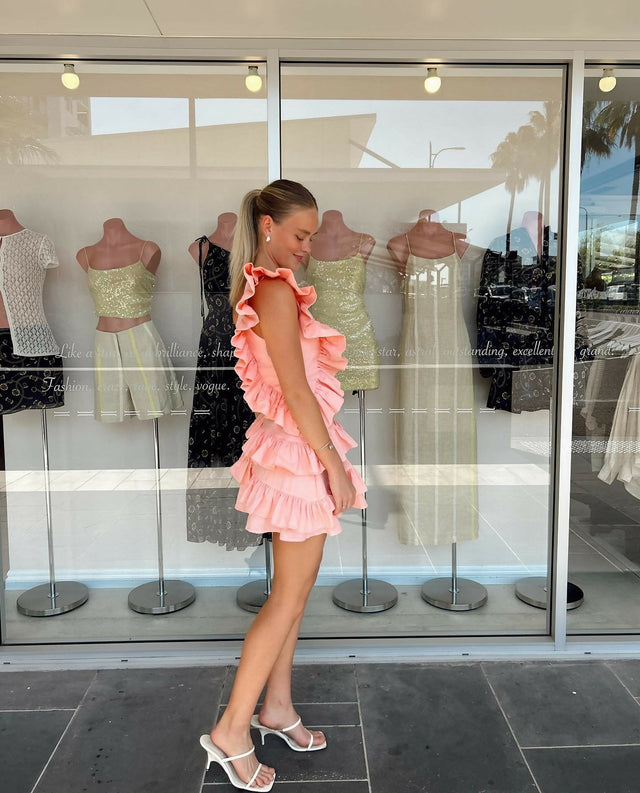 By Nicola Adrift Frill Mini Dress in Rockmelon - Dresses