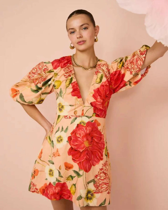 By Nicola Bolero Gathered Neckline Mini Dress In Raspberry Punch Floral - 8 / Multi - Dresses