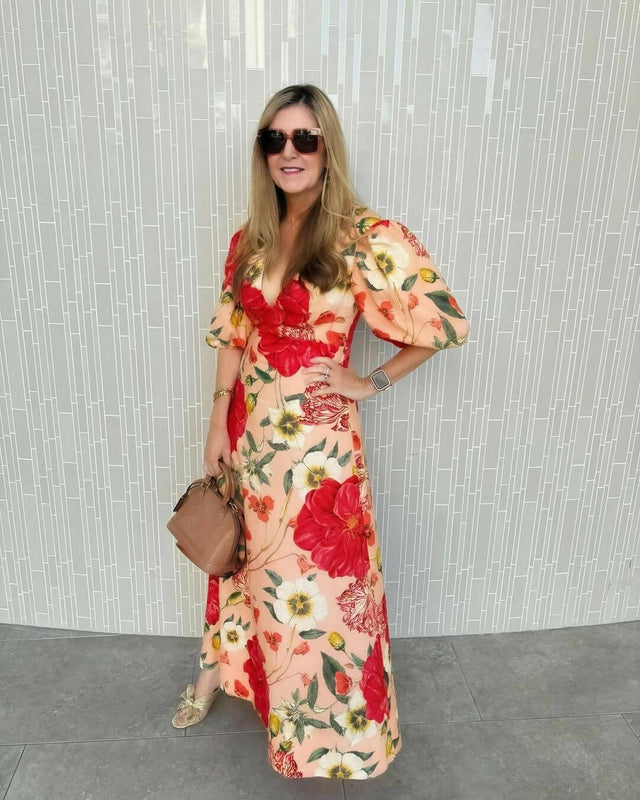 By Nicola Bolero Maxi Gathered Neckline Dress in Raspberry Punch Floral size 10 - 10 / Floral - Dresses