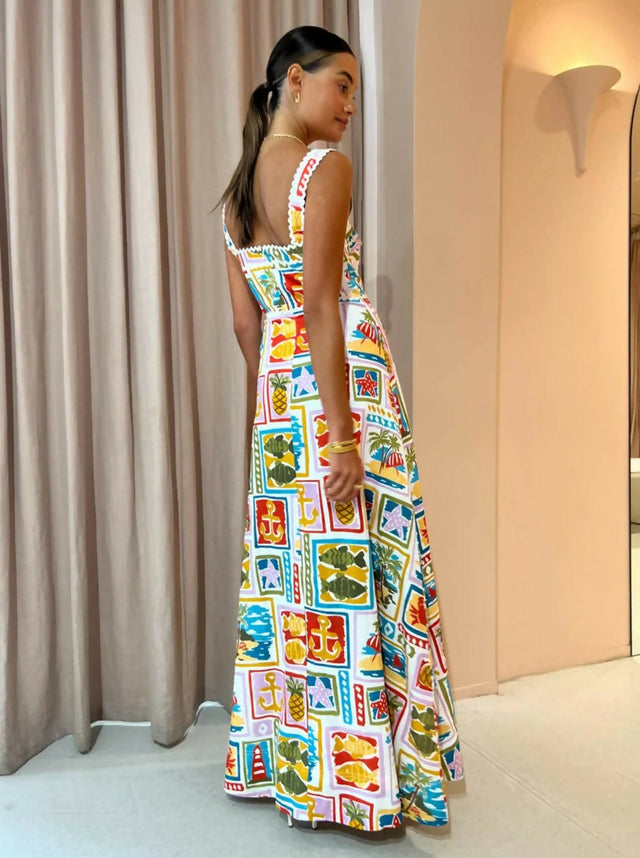 By Nicola Goldie Maxi Dress in Summer Vacation Print Size 8 - Dresses