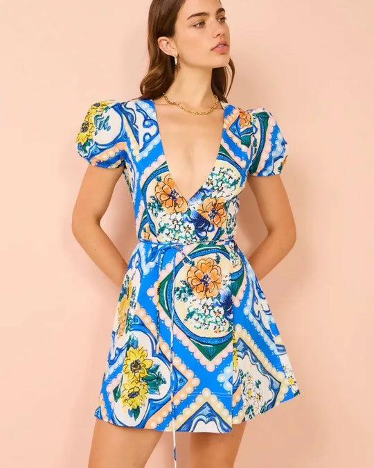By Nicola Havana Wrap Mini Dress In Azure Floral - 10 / Multi - Dresses