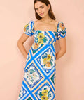 By Nicola - By Nicola Mariposa Puff Sleeve Maxi in Azure Floral