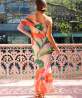 By Nicola Paloma off Shoulder Mesh Maxi Dress in Orange Floral Scarf Size 8 12 - Dresses