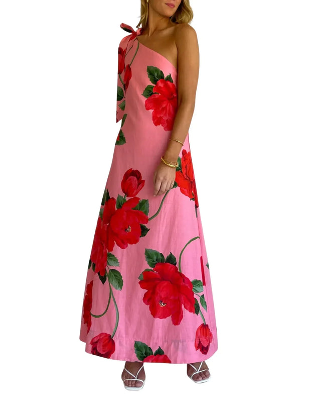 By Nicola Sorrento Maxi Dress in Raspberry Bloom Pink and Red Size 12 - 12 / Floral - Dresses