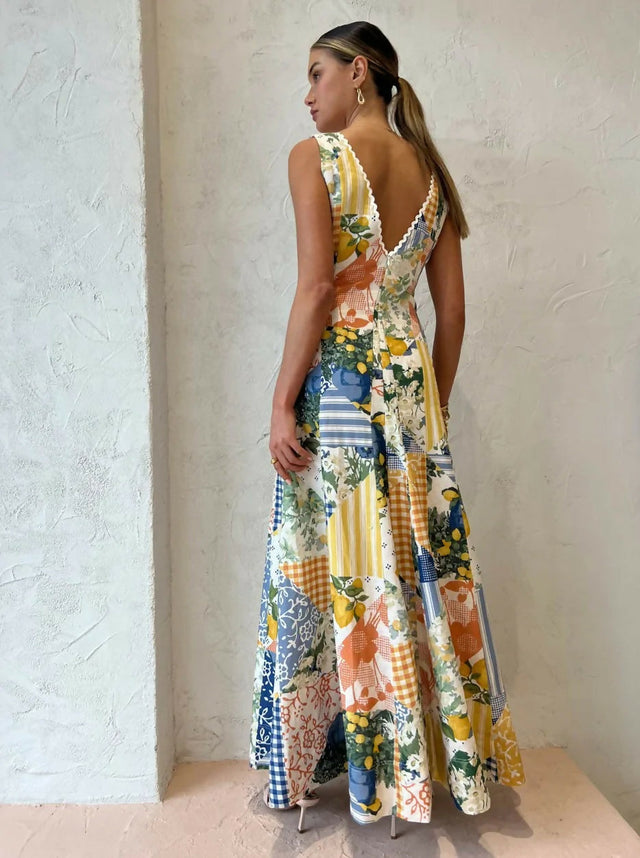 By Nicola Wavy Maxi Dress in Lemon Patchwork - 10 / Multi - Dresses