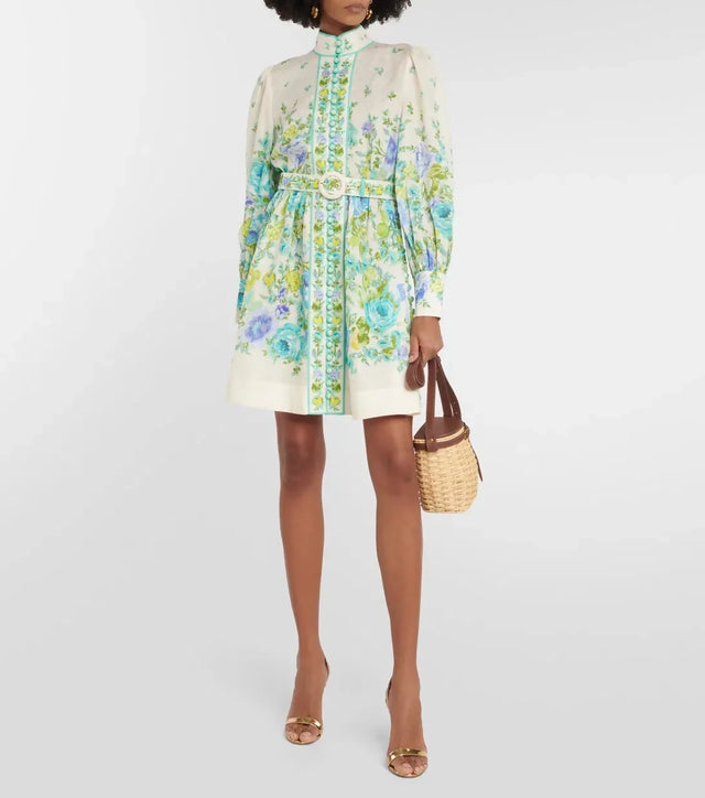 Zimmermann Raie Buttoned Mini Dress Teal/Blue Floral