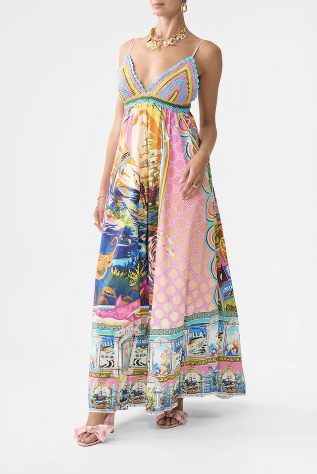 Camilla Bralette Detail Dress in Salty Splendour size L/AU 12 - 12 / Print - Dresses