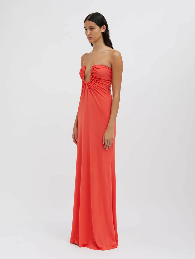 open lace back dress Christopher Esber Arced Palm Strapless Gown Grapefruit