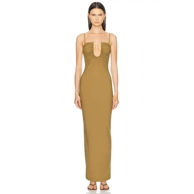 Christopher Esber Arched Ruched Lycra Maxi Dress Kombu Green - 4 / Brown - Dresses