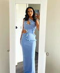 Christopher Esber Carina Ruffle Trim Ribbed-Knit Maxi Dress - Blue / 8 - Dresses