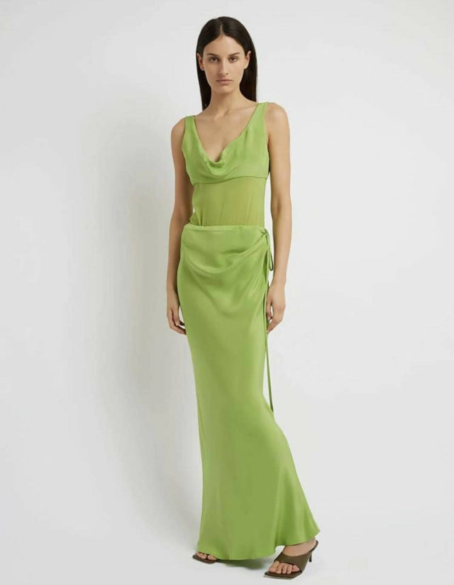 Christopher Esber Draped Satin Cowl Torso Maxi Dress in Apple - Dresses