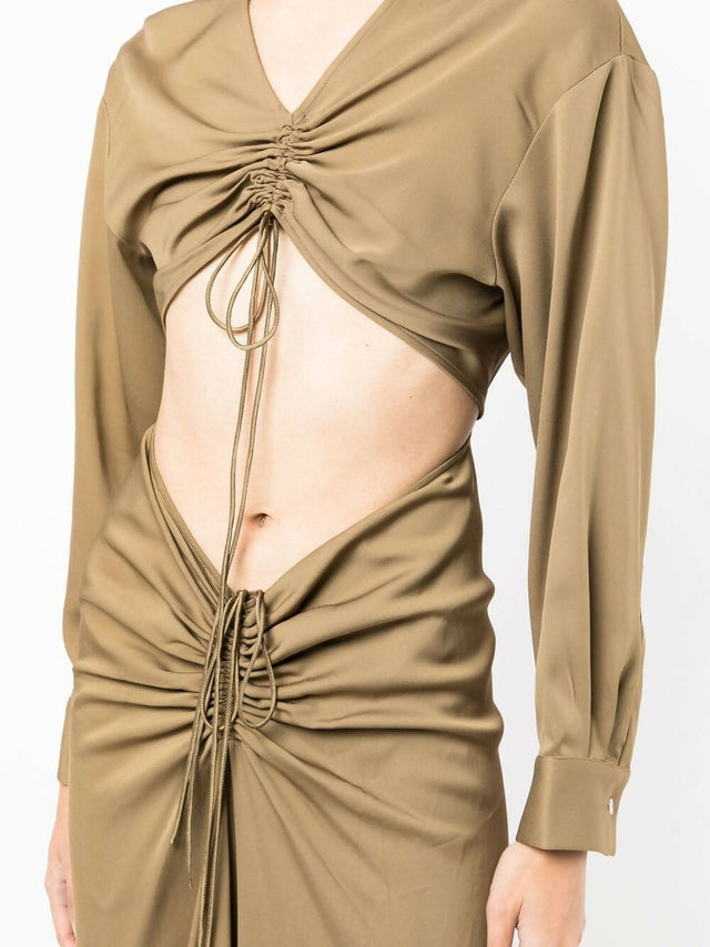 Christopher Esber Ruched Disconnect Shirt Dress in Olive - Dresses