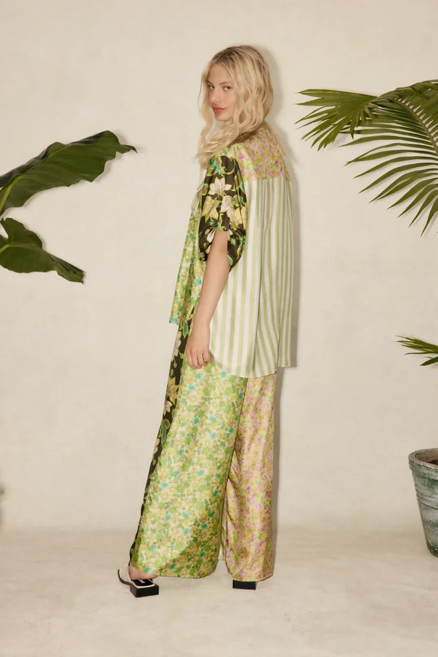 Alemais Winnie Patchwork Spliced Silk Shirt and Pant Set Green